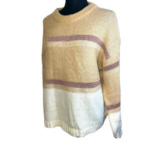 Love Ellie Stitch Fix Large Metallic Stripe Crew Neck Sweater Cream Tan Pink